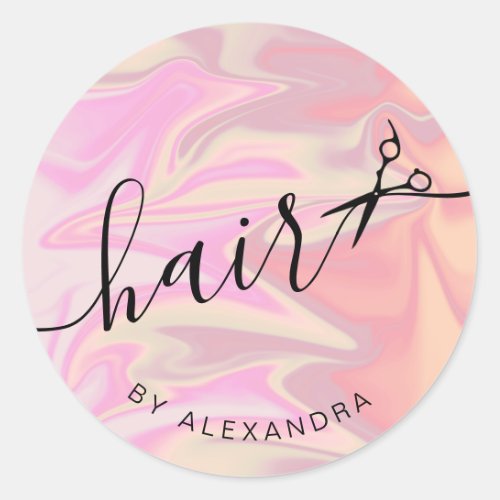 Stylish modern elegant holographic hairstylist classic round sticker