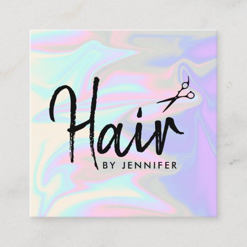 Stylish modern elegant holographic hairstylist square business card