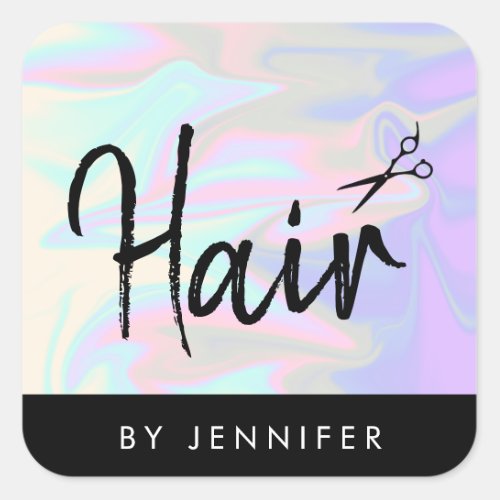 Stylish modern elegant holographic hairstylist square sticker