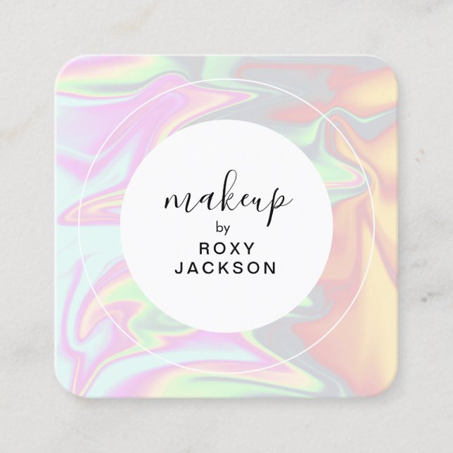 Stylish modern elegant holographic makeup square business card (Front)