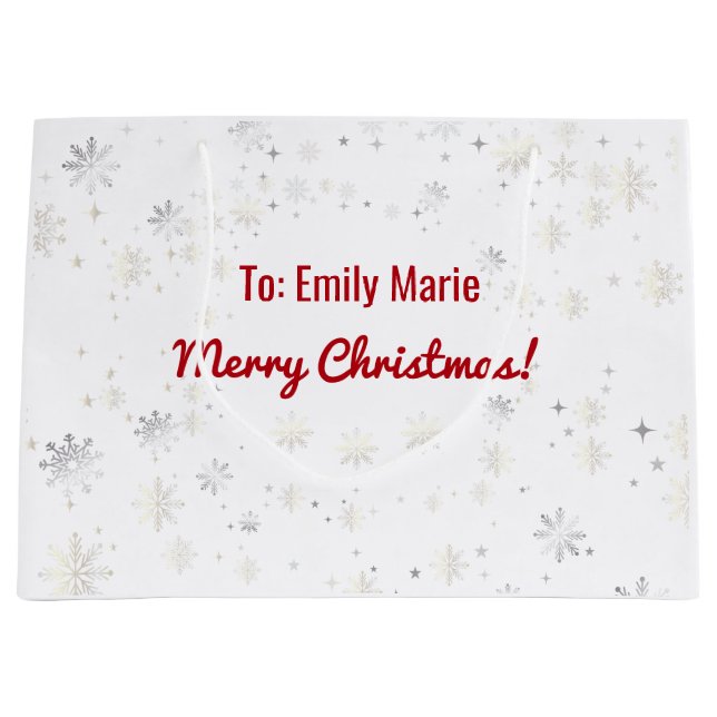 Stylish Modern Elegant Snowflakes Name Christmas Large Gift Bag (Front)