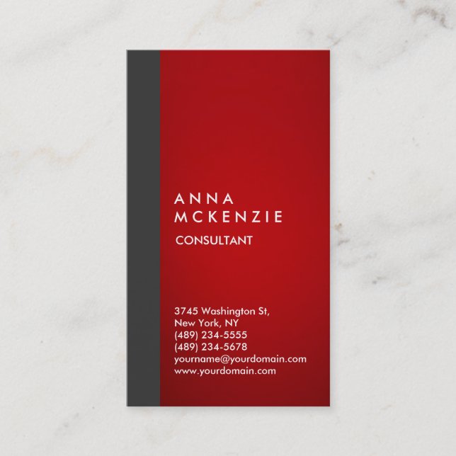 Stylish Modern Elegant Vertical Grey Red Stripe Business Card (Front)