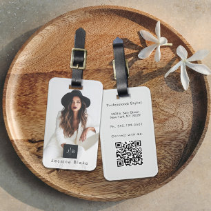 Stylish Modern Entrepreneur Monogram Photo QR Code Luggage Tag