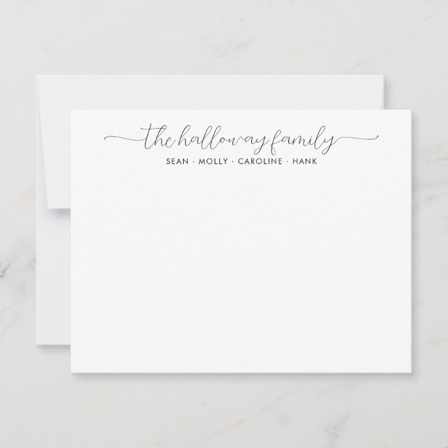 Stylish Modern Family Name Couple Black Script Note Card (Front)