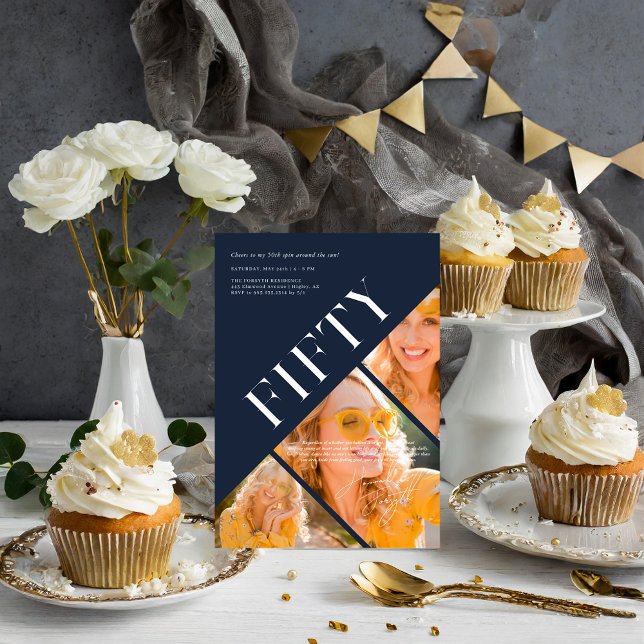 Stylish Modern Fifty | 50th Birthday 3 Photo Invitation (Creator Uploaded)