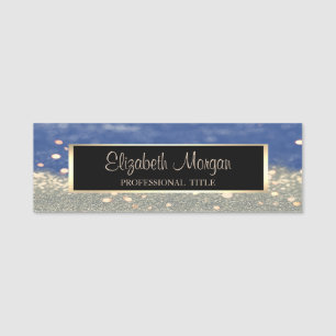Stylish Modern, Frame,Blue Gold Glitter Bokeh Name Tag