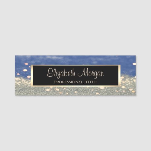 Stylish Modern FrameBlue Gold Glitter Bokeh Name Tag