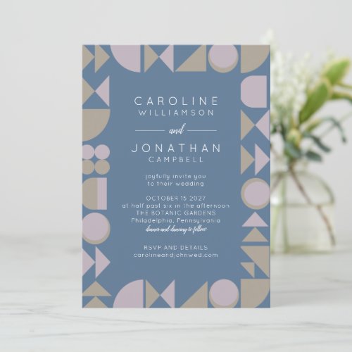Stylish Modern Geometric Dusty Blue Wedding Invitation