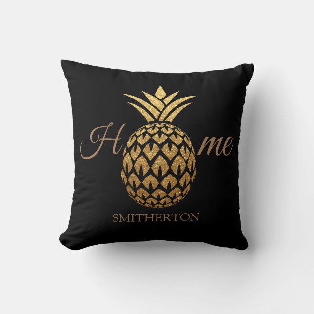 Stylish Modern Gold Pineapple Black Home Throw Pillow (Front)