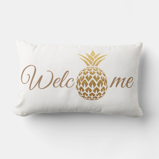 Stylish Modern Gold Pineapple White Welcome Lumbar Pillow (Front)