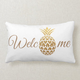 Stylish Modern Gold Pineapple White Welcome Lumbar Pillow