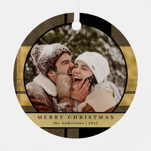 Stylish Modern Gold Plaid Christmas Couple Photo Metal Ornament (Front)