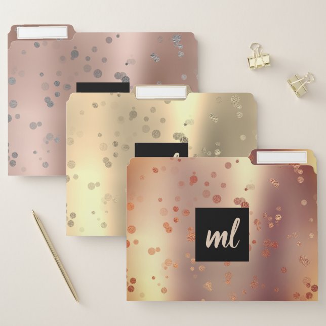 Stylish modern gold rose gold silver confetti dots file folder (Set)