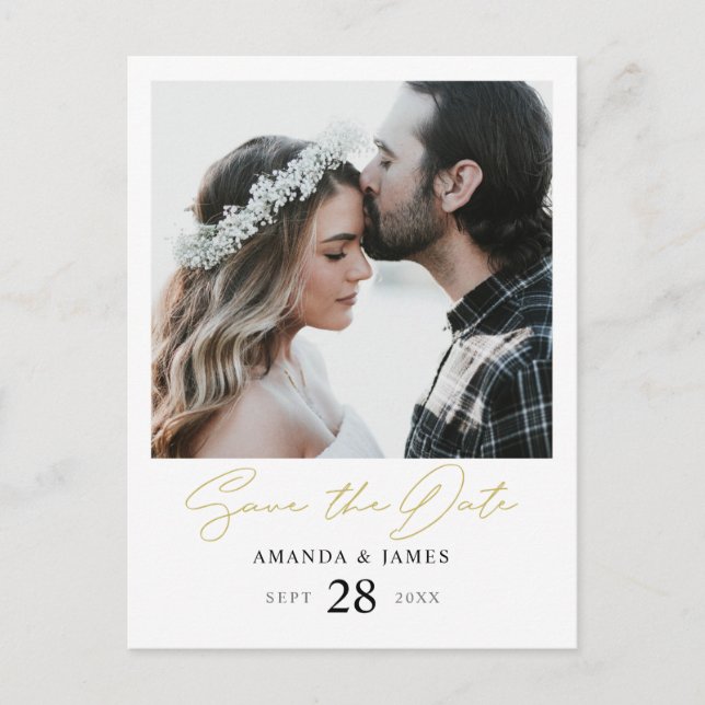 Stylish Modern Gold Script Photo Save the Date Announcement Postcard (Front)