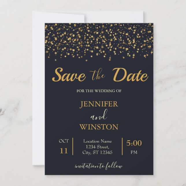 Stylish Modern Gold Stars Wedding Save The Date (Front)