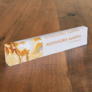 Stylish Modern Gold White Marble Agate Name Title Desk Name Plate