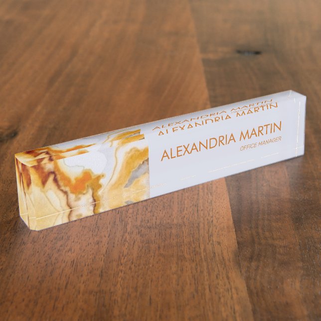 Stylish Modern Gold White Marble Agate Name Title Desk Name Plate (Side)