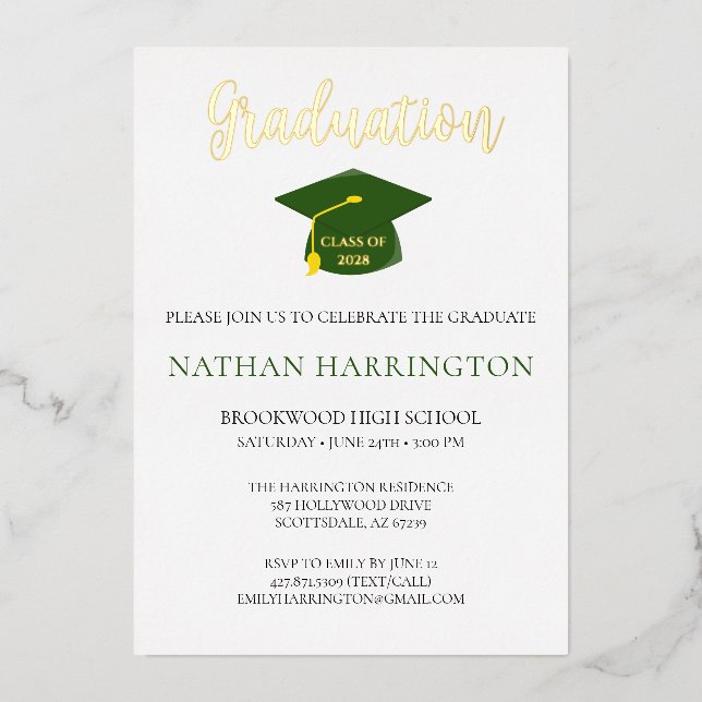 Stylish Modern Graduation Photo Green Gold Foil Invitation (Front)