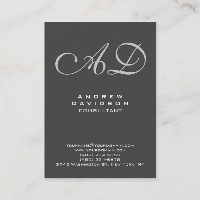 Stylish Modern Gray Script Monogram Business Card (Front)