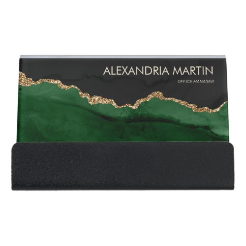 Stylish Modern Green Gold Glitter Black Marble Desk Business Card Holder