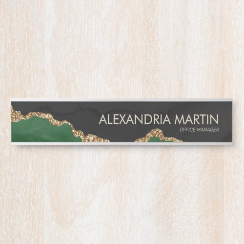 Stylish Modern Green Gold Glitter Black Marble Door Sign