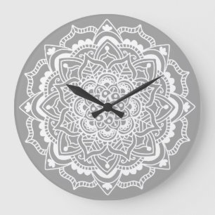 Stylish Modern Grey White Boho Bohemian Mandala Large Clock