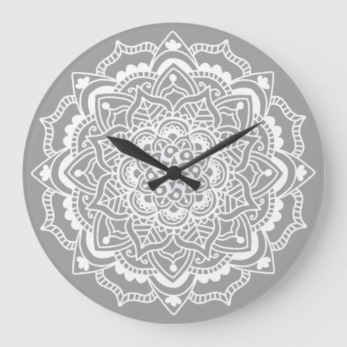 Stylish Modern Grey White Boho Bohemian Mandala Large Clock