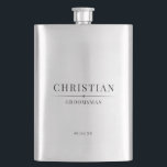 Stylish Modern Groomsmen Gifts Simple Elegant  Flask<br><div class="desc">This elegant groomsman gift showcases a classic design that includes the groomsman's name, title, and the date of the wedding in traditional, minimalist black typography. To customize, simply update the name, title, and date in the designated personalization area to create your own masculine flask for your groomsman. While this is...</div>