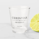 Stylish Modern Groomsmen Gifts Simple Elegant Shot Glass<br><div class="desc">This elegant shot glass showcases the groomsman's name, title, and wedding date in traditional, minimalist black typography. To personalize, simply enter the groomsman's name, title, and date in the designated personalize section to create your own masculine groomsman shot glass. While this example is tailored as a groomsman's gift, the title...</div>