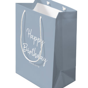 Stylish Modern Happy Birthday Blue Gray Medium Gift Bag