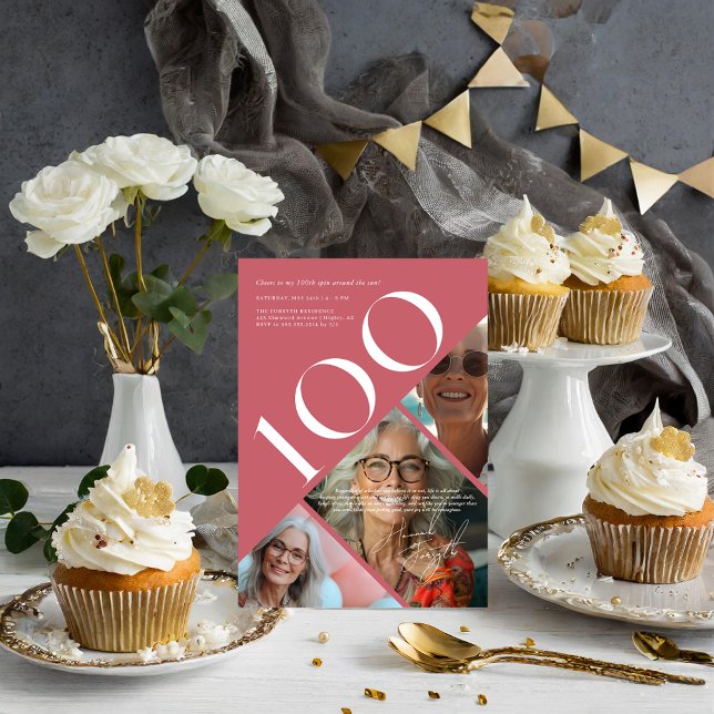 Stylish Modern Hundredth | 100th Birthday 3 Photo Invitation (Creator Uploaded)