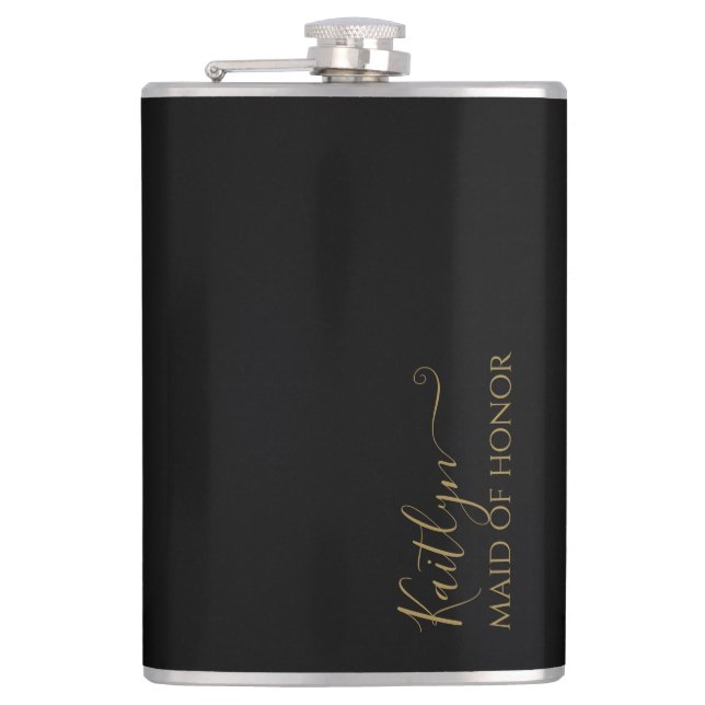 Stylish Modern Maid of Honor Gift | Black Gold Flask (Front)