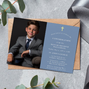 Stylish modern minimal photo blue Confirmation  Invitation