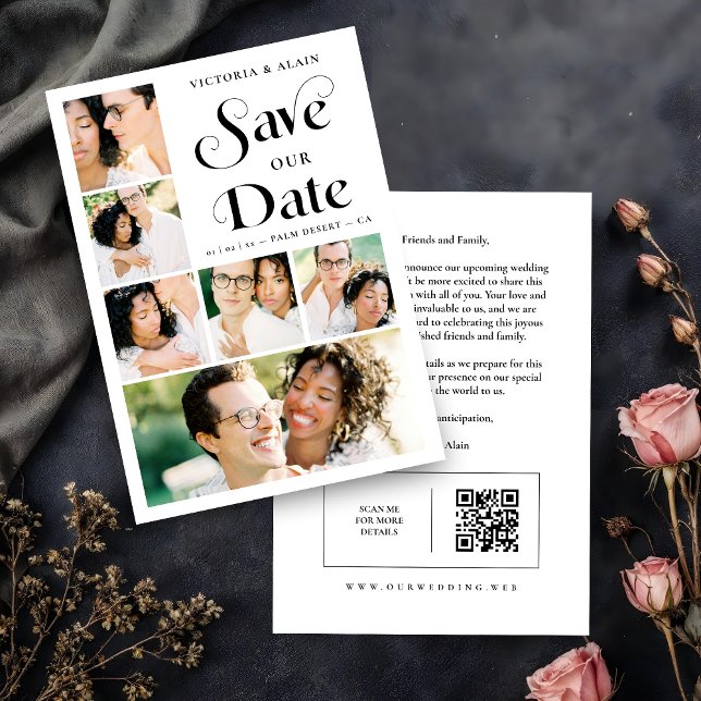 Stylish Modern Minimalist 6-Photo Collage Wedding  Save The Date (Stylish Modern Minimalist 6-Photo Collage Wedding Save the Date with QR Code.)