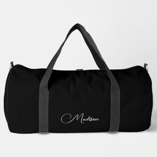 Stylish Modern Minimalist  Script Name Black Duffle Bag (Front)