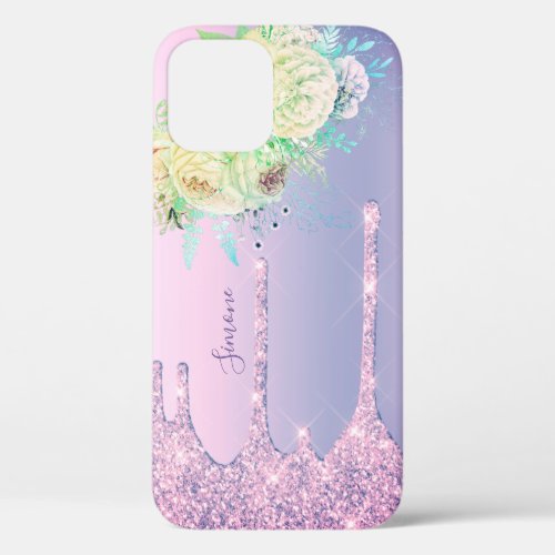 Stylish modern mint floral purple glitter drips iPhone 12 case