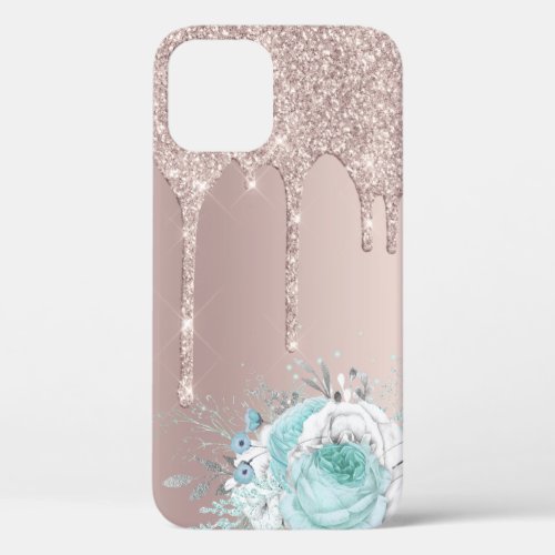 Stylish modern mint floral rose gold glitter drips iPhone 12 case