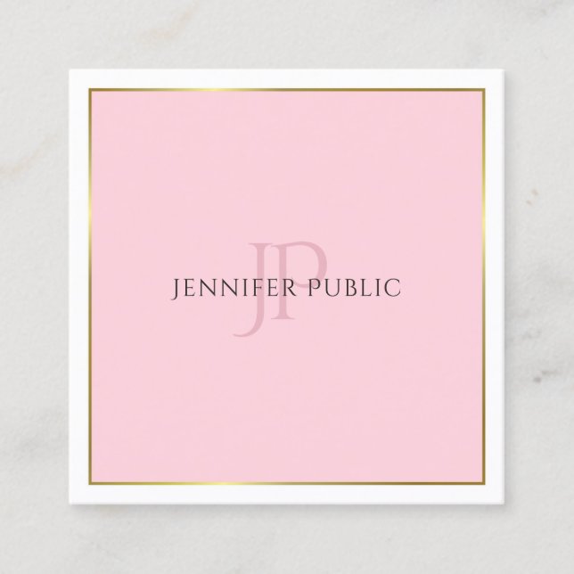 Stylish Modern Monogram Gold Pink Trendy Plain Square Business Card (Front)