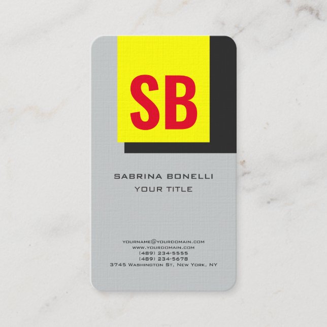 Stylish Modern Monogram Yellow Red Grey Business Card (Front)