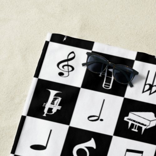 Stylish Modern Music Notes and Instruments Beach Towel