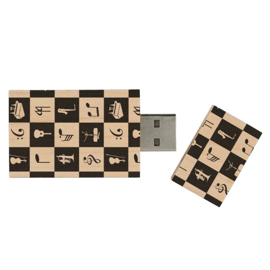 Stylish Modern Music Notes and Instruments Wood USB Flash Drive
