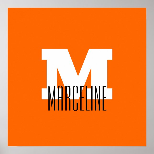 Stylish Modern Name Initial | Neon Sunset Orange Poster (Front)