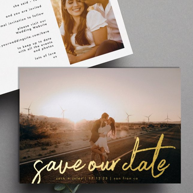 Stylish Modern Names Photo Gold Save Our Date Foil Invitation (Creator Uploaded)