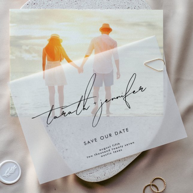 Stylish Modern Names Photo Save The Date Overlay Vellum Invitations (Creator Uploaded)