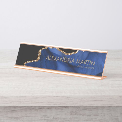 Stylish Modern Navy Blue Gold Glitter Marble Agate Desk Name Plate