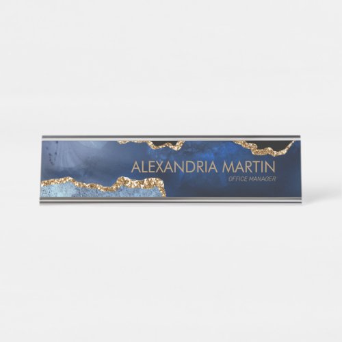 Stylish Modern Navy Blue Gold Glitter Marble Desk Name Plate
