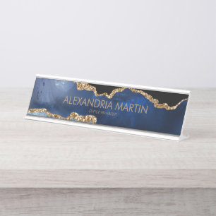 Stylish Modern Navy Blue Gold Glitter Office Desk Name Plate
