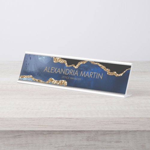 Stylish Modern Navy Blue Gold Glitter Office Desk Name Plate