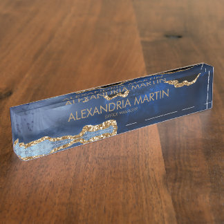 Stylish Modern Navy Blue Gold Glitter Office Desk Name Plate