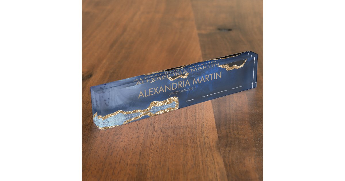 Stylish Modern Navy Blue Gold Glitter Office Desk Name Plate | Zazzle